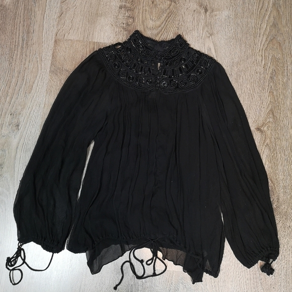 00s Vintage Victorian Gathered Gothic Beaded Neck Mandarin Collar Boho Top - Picture 13 of 15